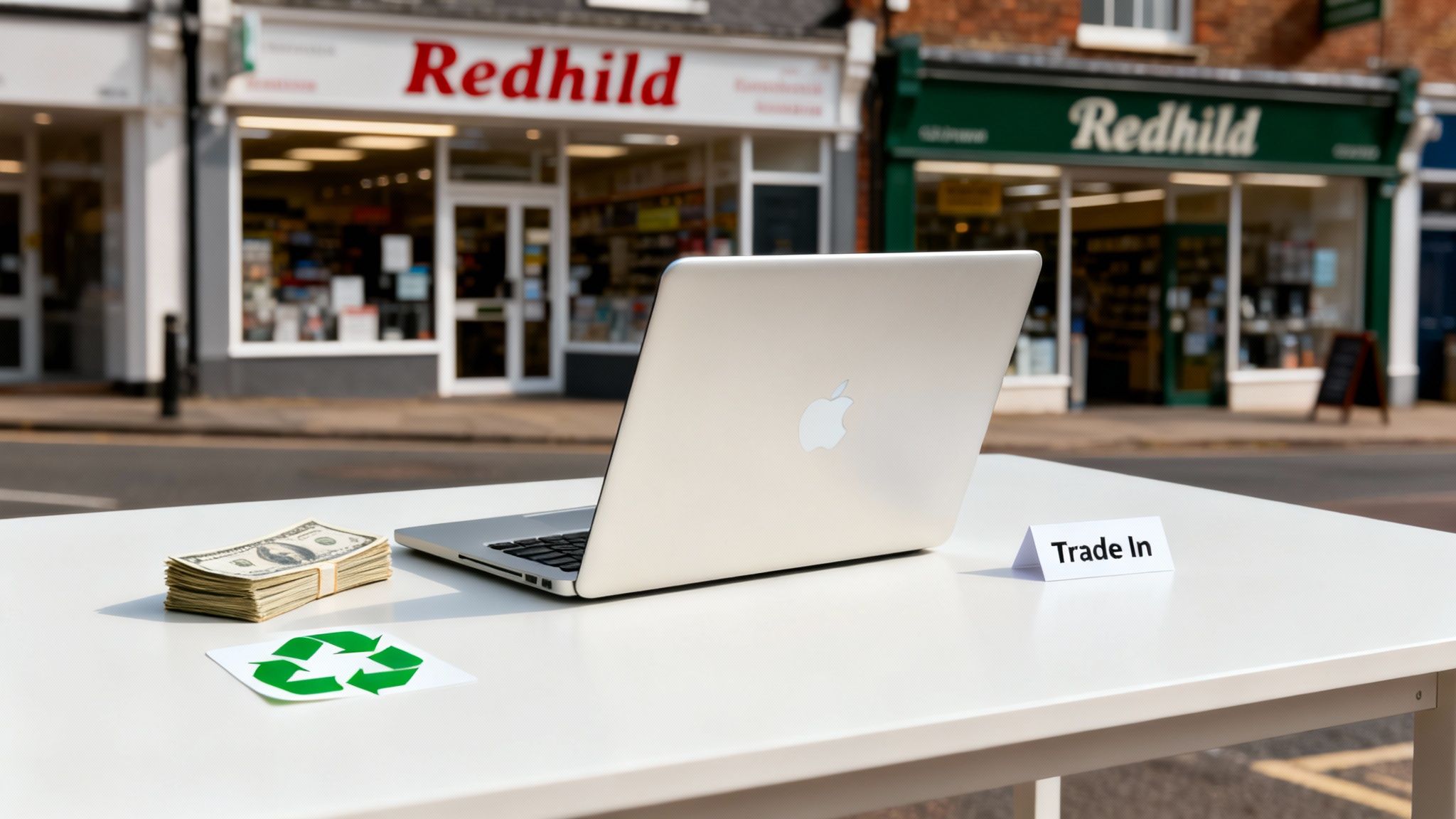 A MacBook, money, recycling symbol, and 'Trade In' sign on a table in front of shops, promoting electronics recycling.