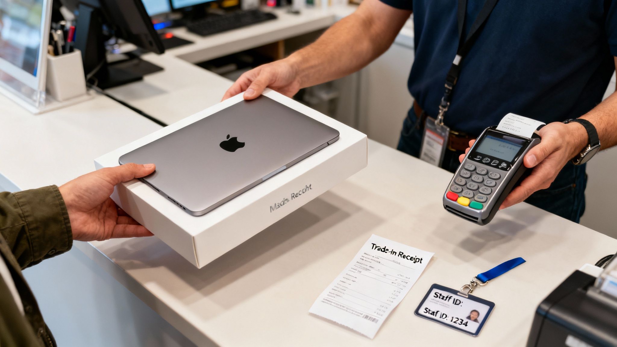 A customer receives a new Apple MacBook in a box from a store employee holding a payment terminal and a trade-in receipt.