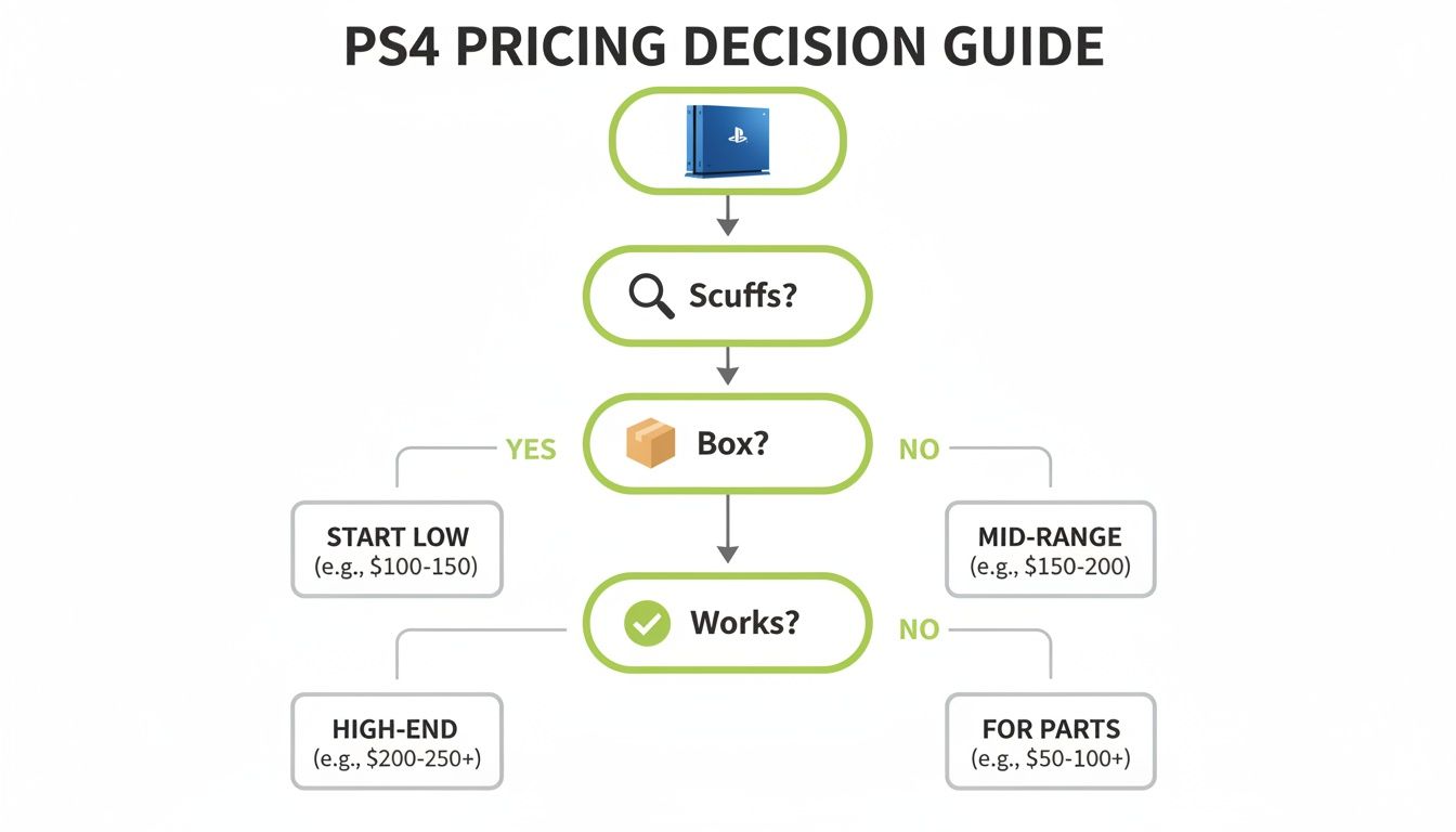 Flowchart providing a PS4 pricing decision guide based on scuffs, original box, and working condition.