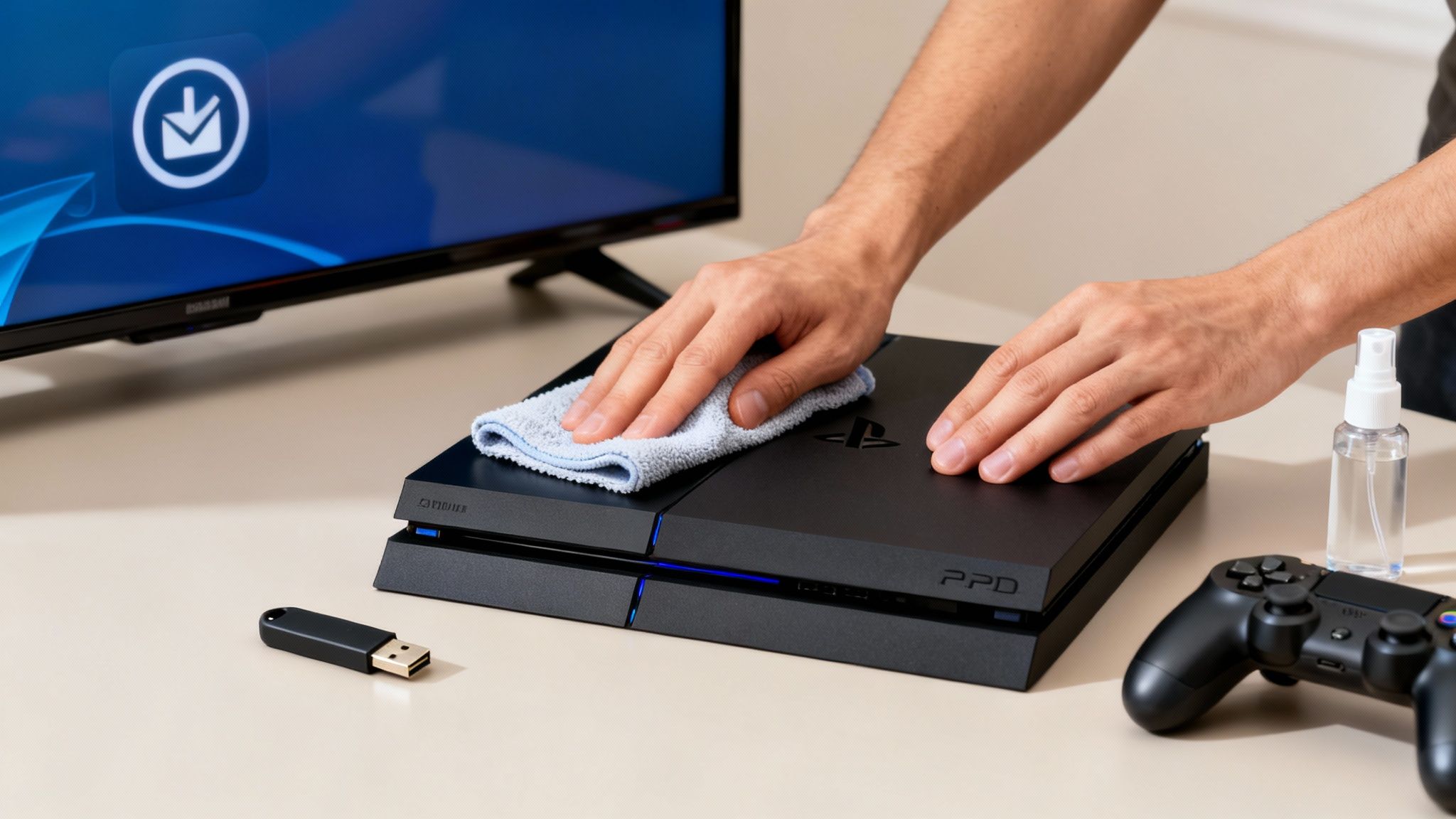 A person cleans a black PlayStation 4 console with a cloth, next to a TV, USB, and controller.