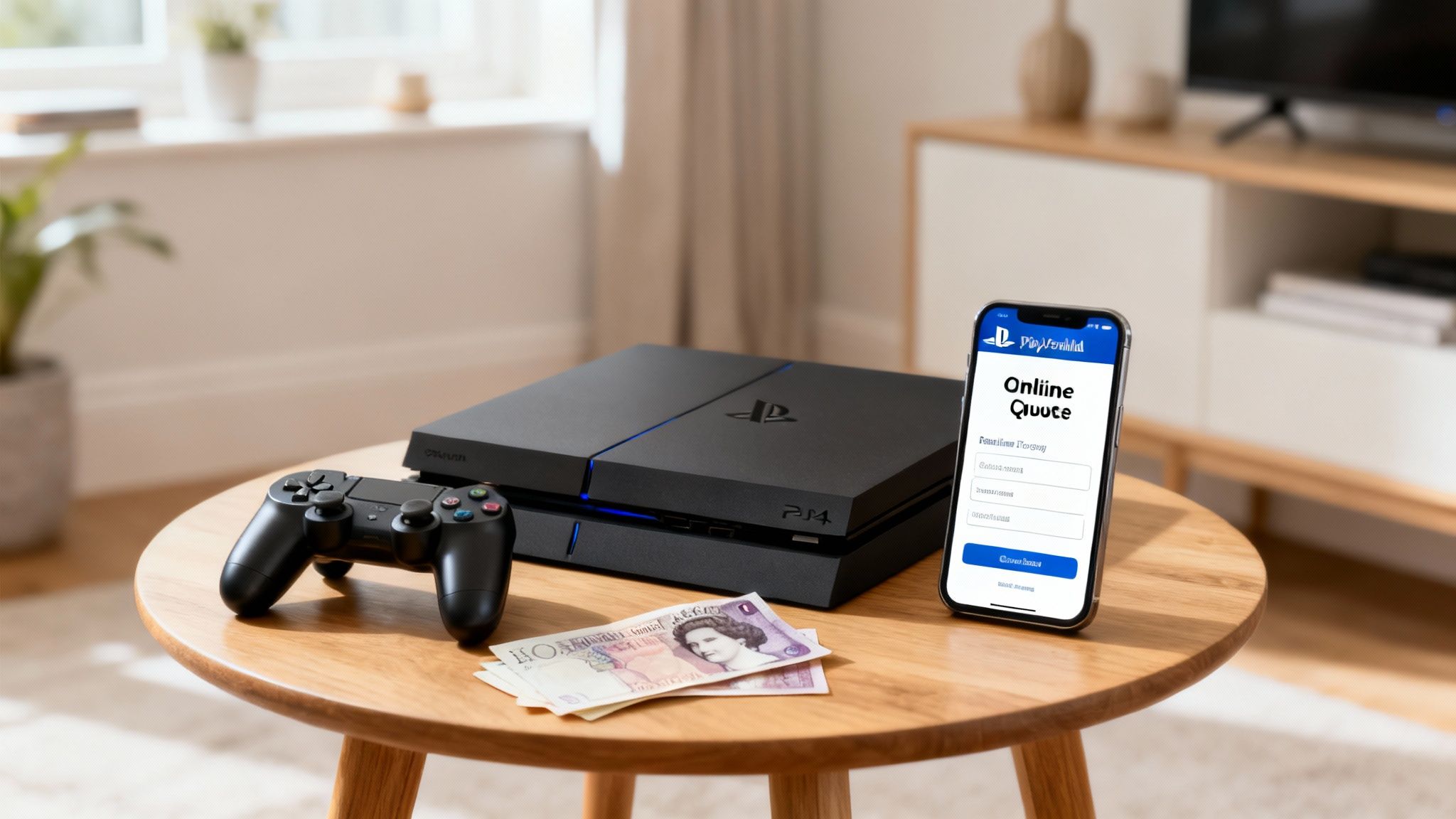 A PlayStation 4 console, controller, and British pound notes on a table next to a smartphone.