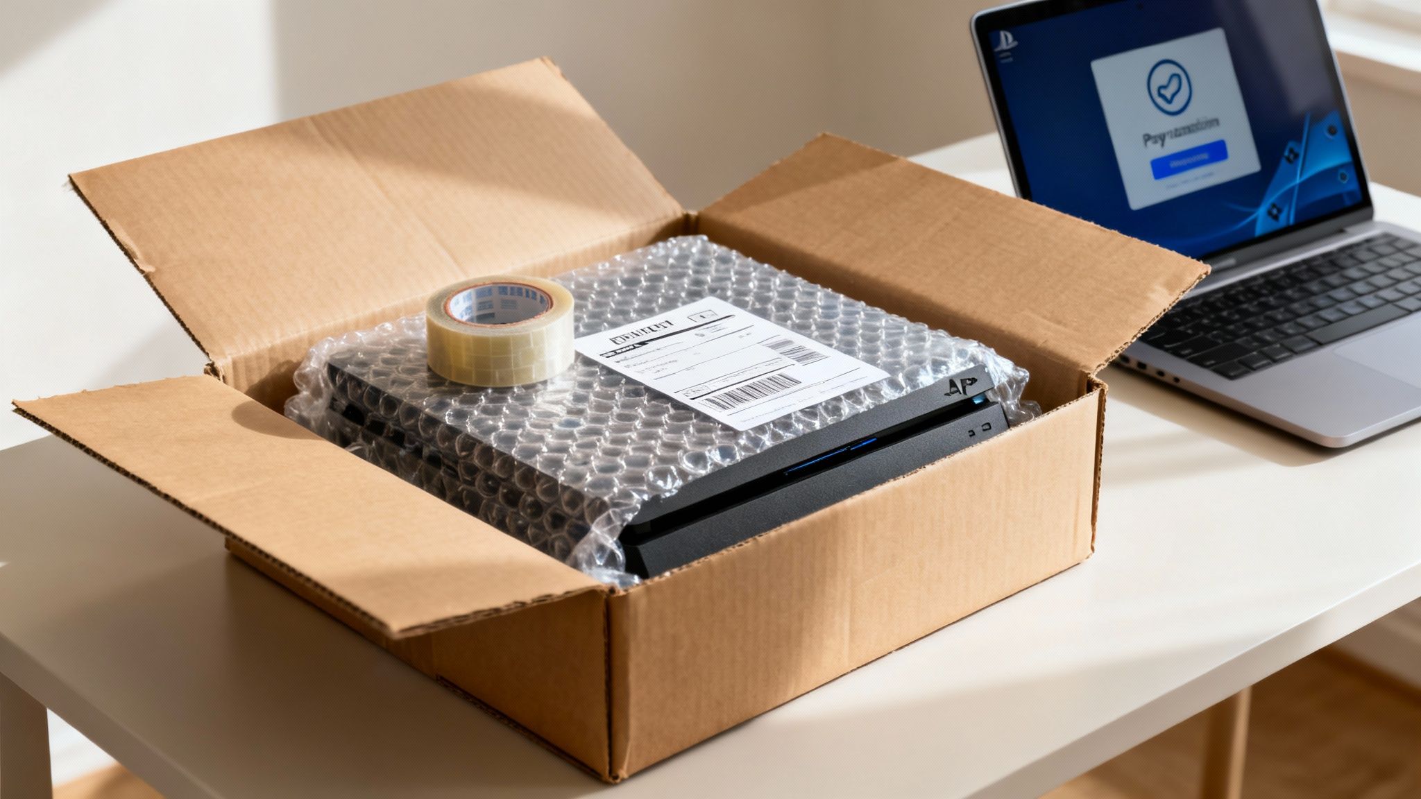 A PlayStation 4 console in bubble wrap, packing tape, shipping label, and a laptop with a payment screen.