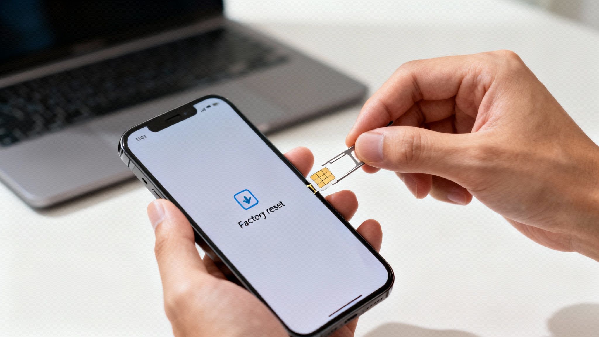 Hands inserting a SIM card into a smartphone displaying 'Factory reset' on screen, with a laptop in background.