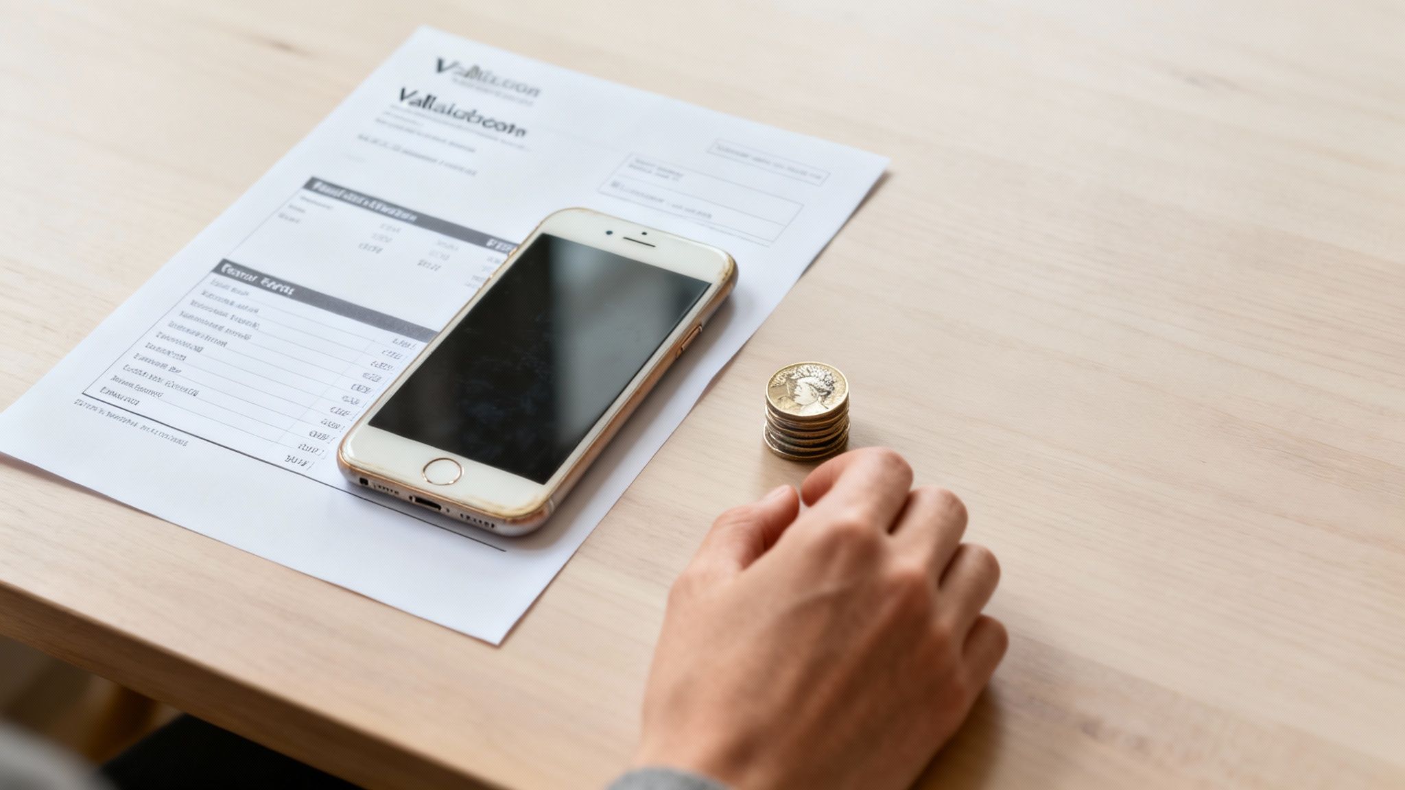 A person's hand rests on a wooden table next to a stack of coins, a smartphone, and a bill.