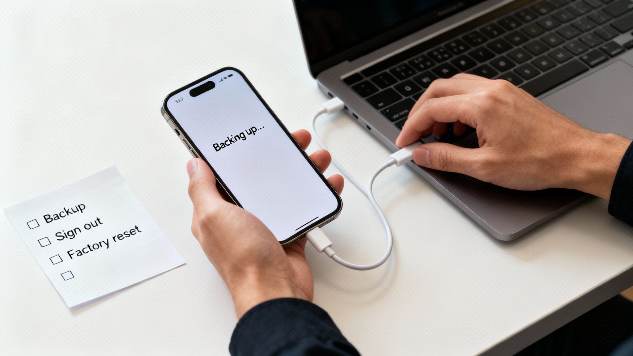 A person backs up data from a smartphone to a laptop, with a checklist on the desk.