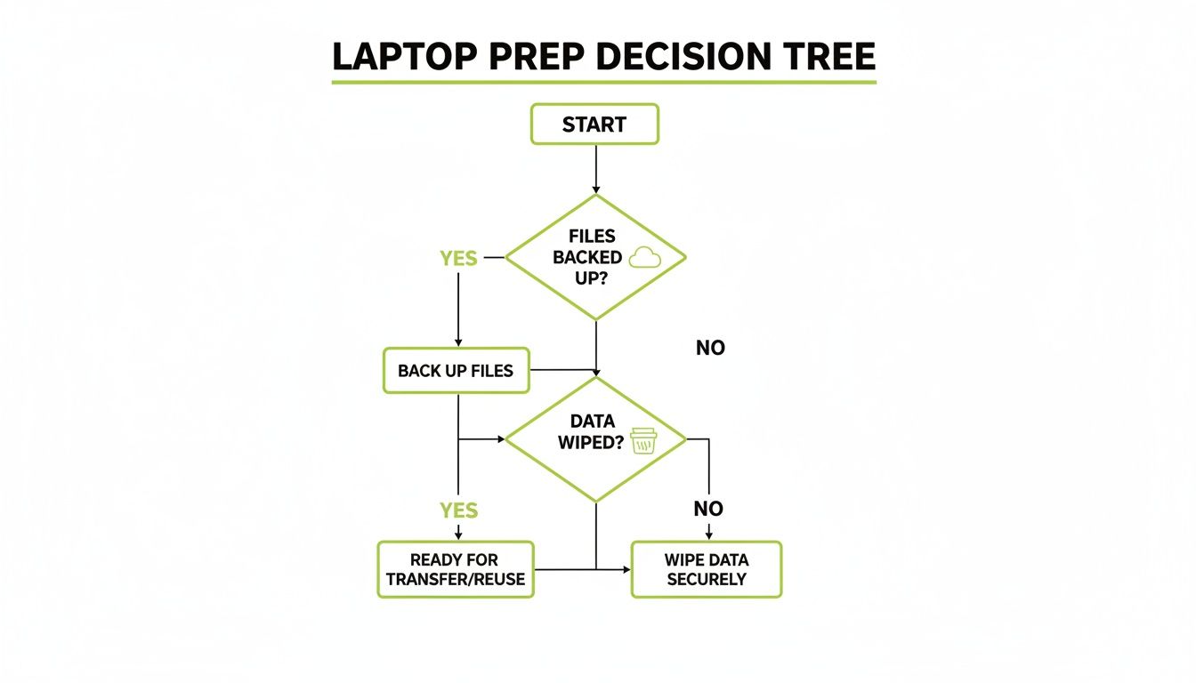Flowchart illustrating laptop preparation steps, including decisions for file backup and secure data wiping for reuse.