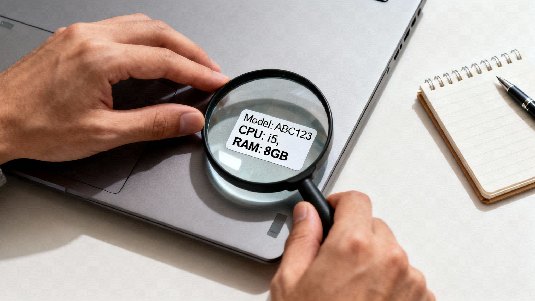 Person's hands using a magnifying glass to read a laptop's specifications: Model ABC123, CPU i5, RAM 8GB.