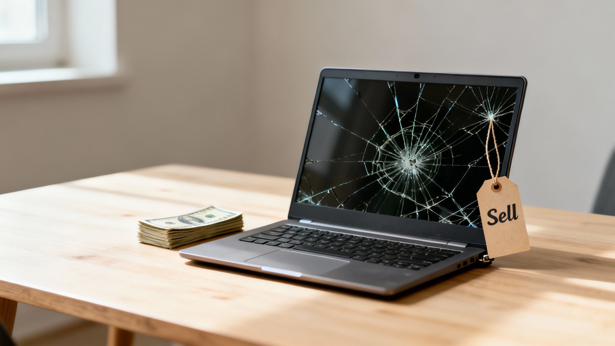 A broken laptop with a cracked screen and a "Sell" tag, next to dollar bills on a wooden desk.