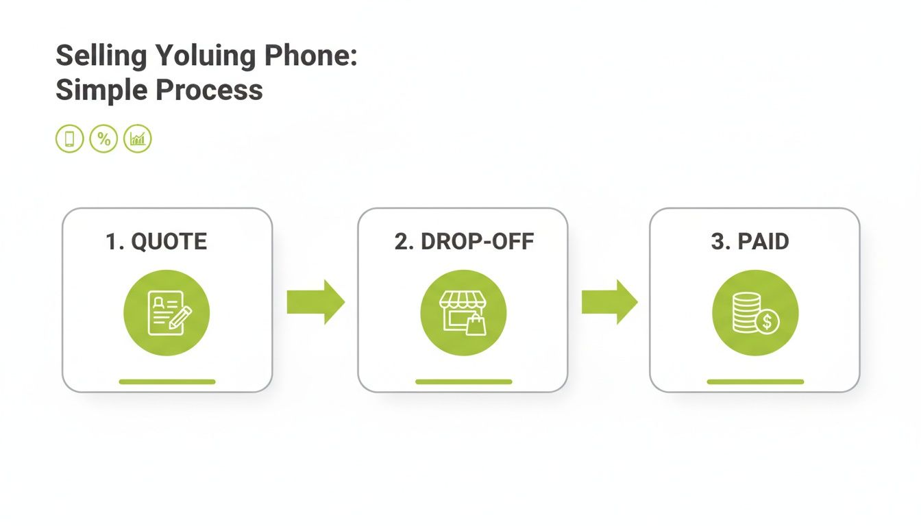 A simple 3-step process for selling Yoluuing phones: Get a quote, drop off the device, and get paid.