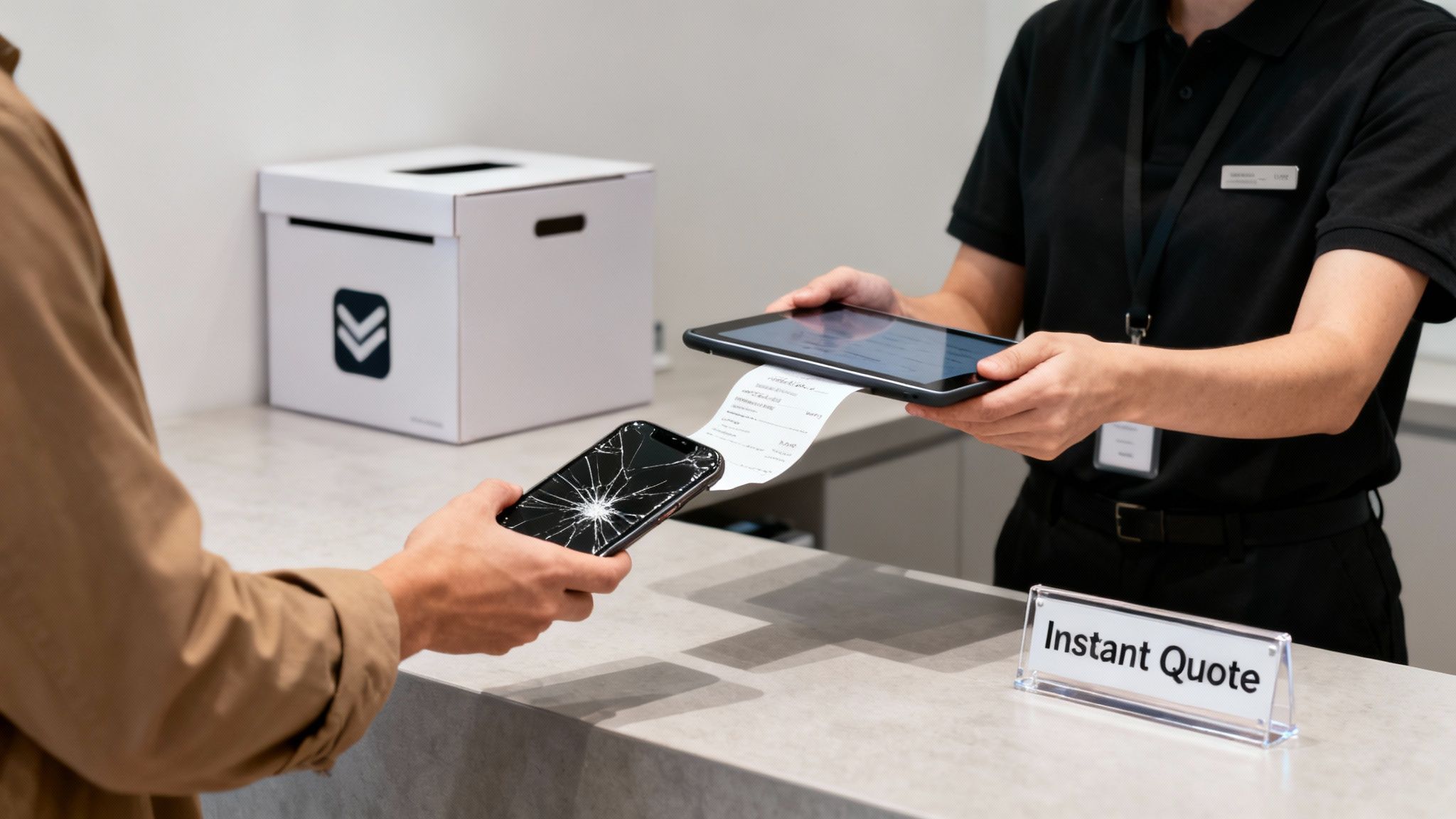 A customer receives an instant quote for a smartphone with a cracked screen from a service representative.
