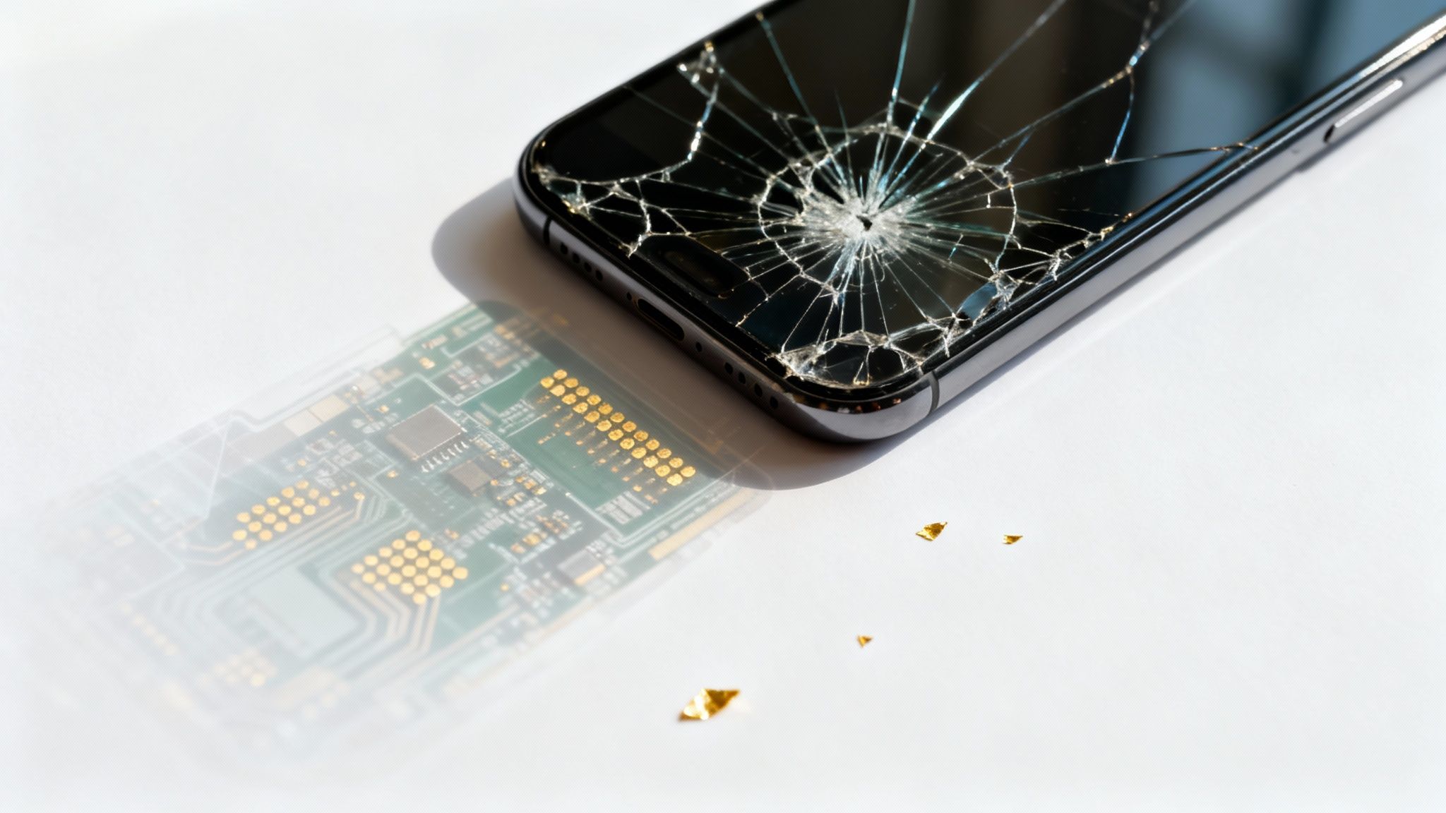 A black smartphone with a severely cracked screen and gold flakes, casting a circuit board shadow.