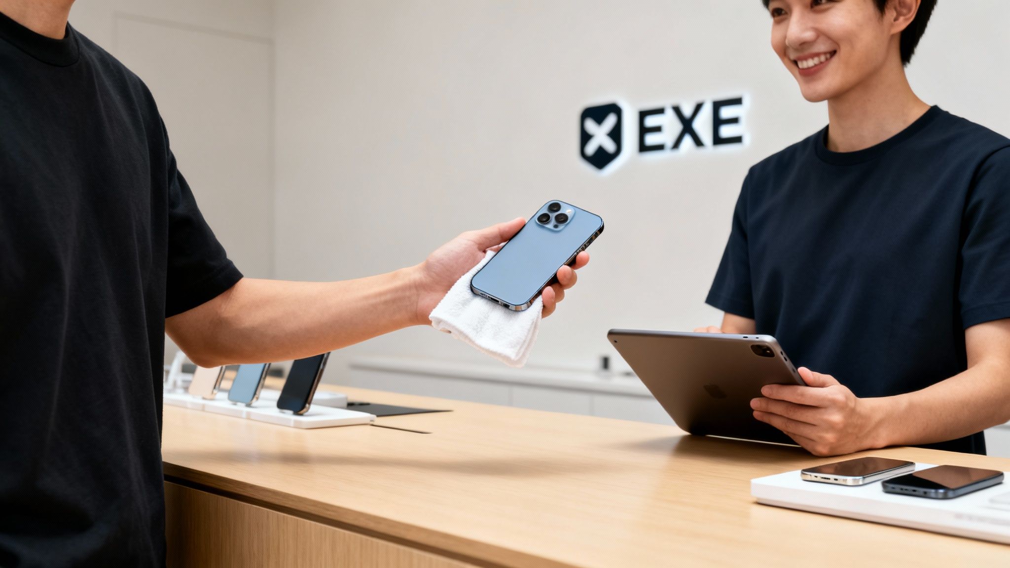 A person hands a cleaned blue iPhone to a smiling store employee holding an iPad.