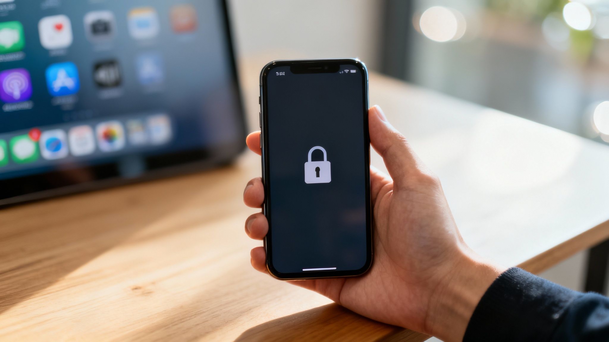 A hand holds a smartphone displaying a white lock icon, with a blurred tablet in the background.