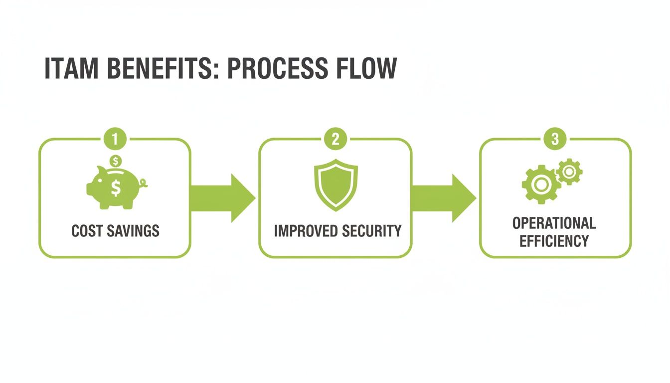A three-step process flow illustrating ITAM benefits: cost savings, improved security, and operational efficiency.