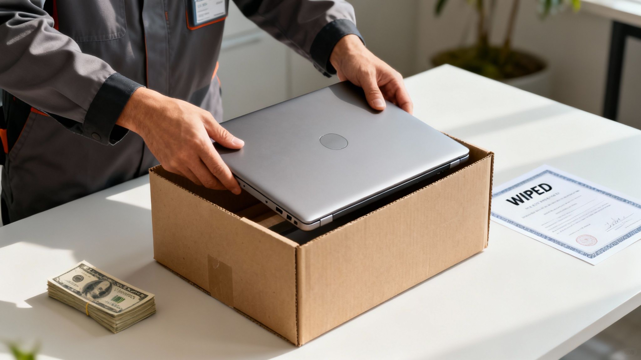 A technician places a laptop into a box, next to money and a 'WIPED' certificate on a table.