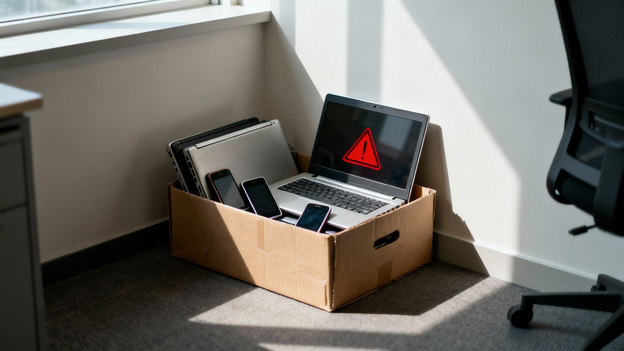 A cardboard box filled with old laptops and smartphones, one laptop showing a red warning sign.