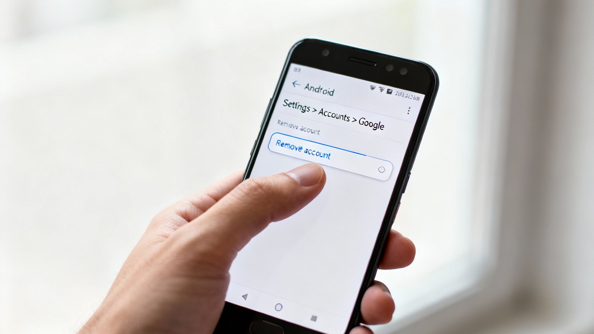 Hand touching a smartphone screen displaying the 'Remove account' option within Google settings.