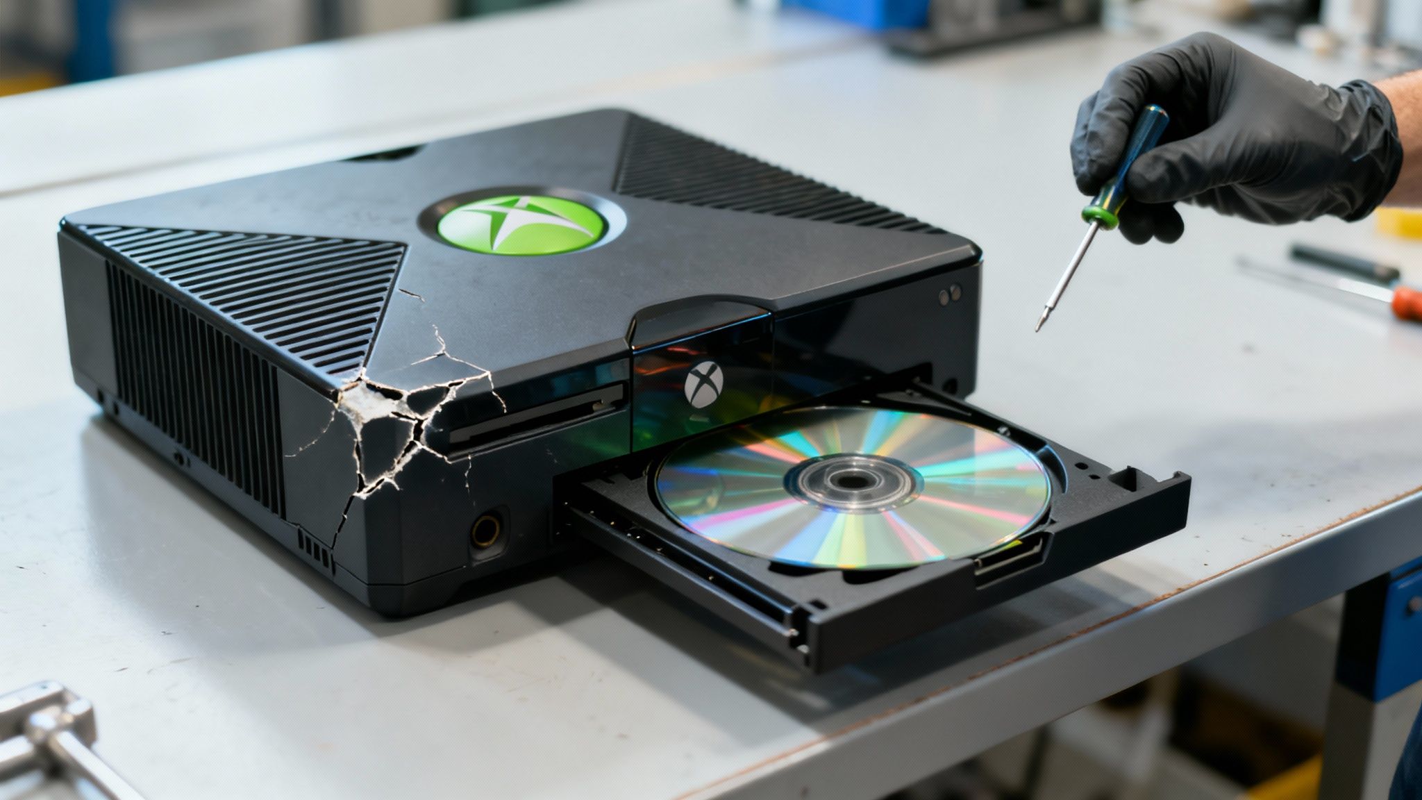 A person in black gloves repairs a cracked original Xbox console with a disc in its open tray.
