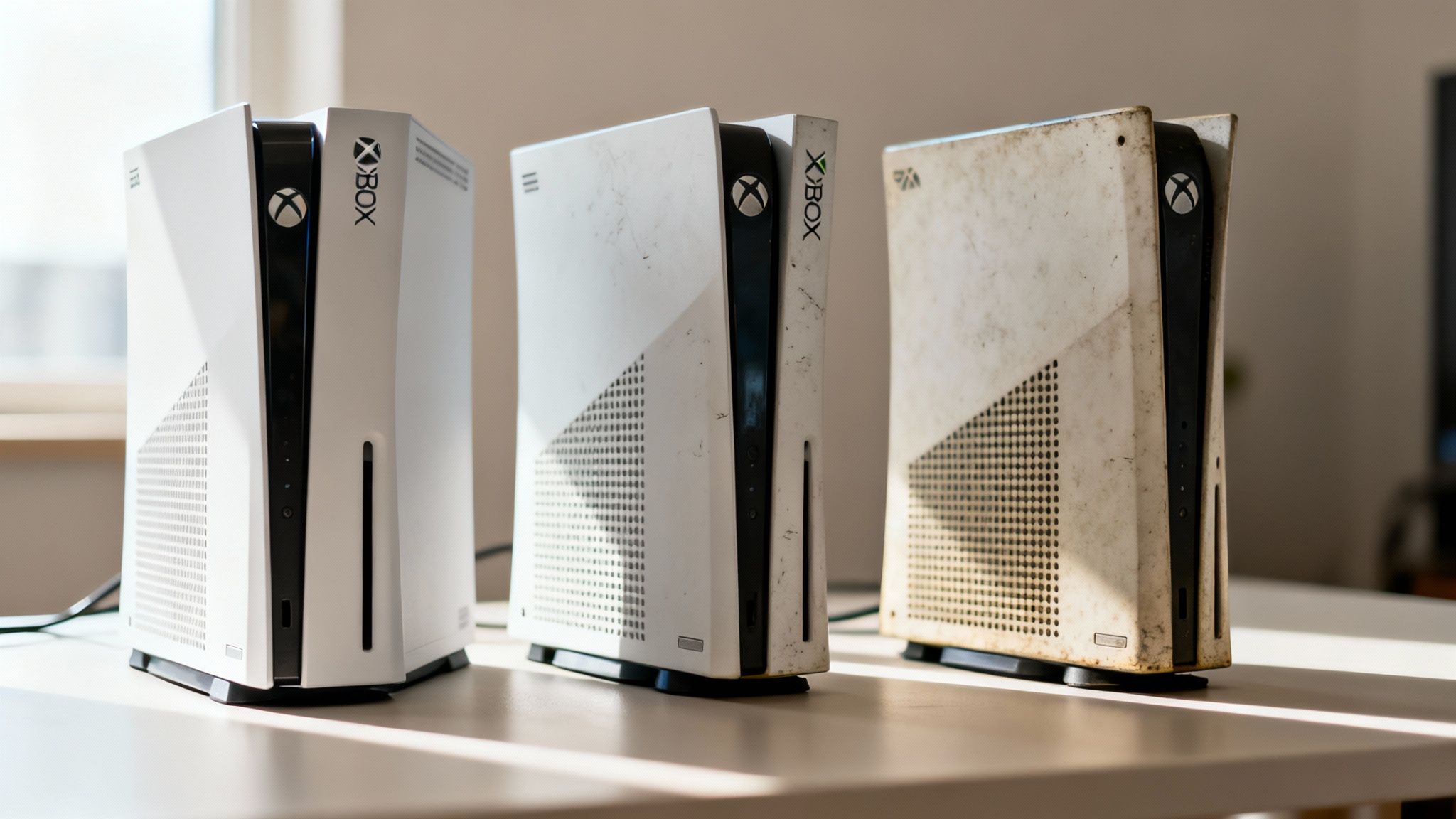 Three white Xbox Series X consoles demonstrating varying levels of cleanliness and wear.