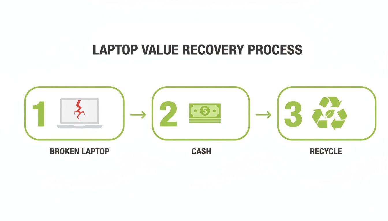 Infographic illustrating the laptop value recovery process: from a broken laptop to cash, then recycling.