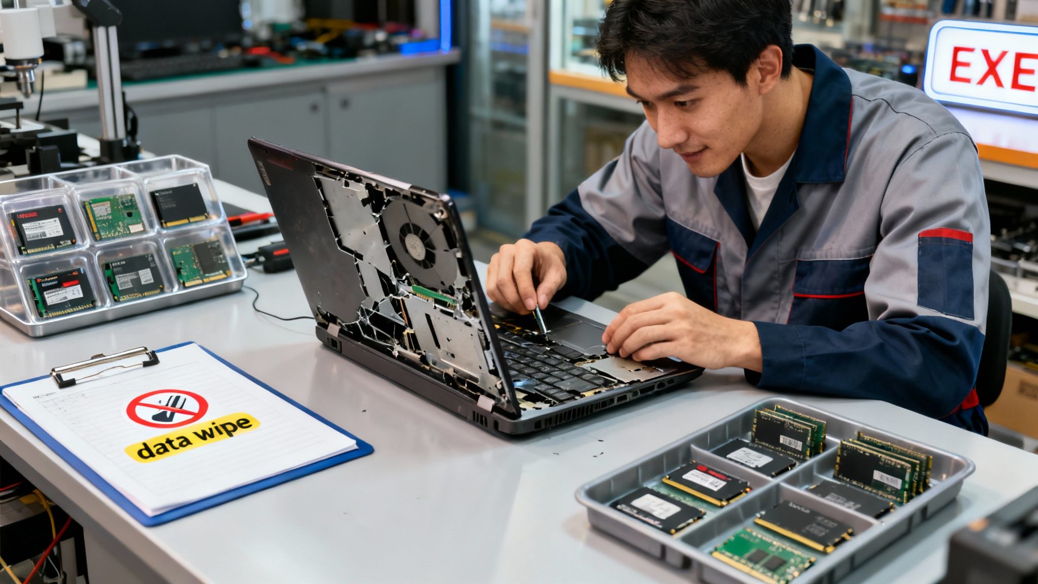 A technician repairs a disassembled laptop with various computer components on a workbench, next to a 'data wipe' sign.