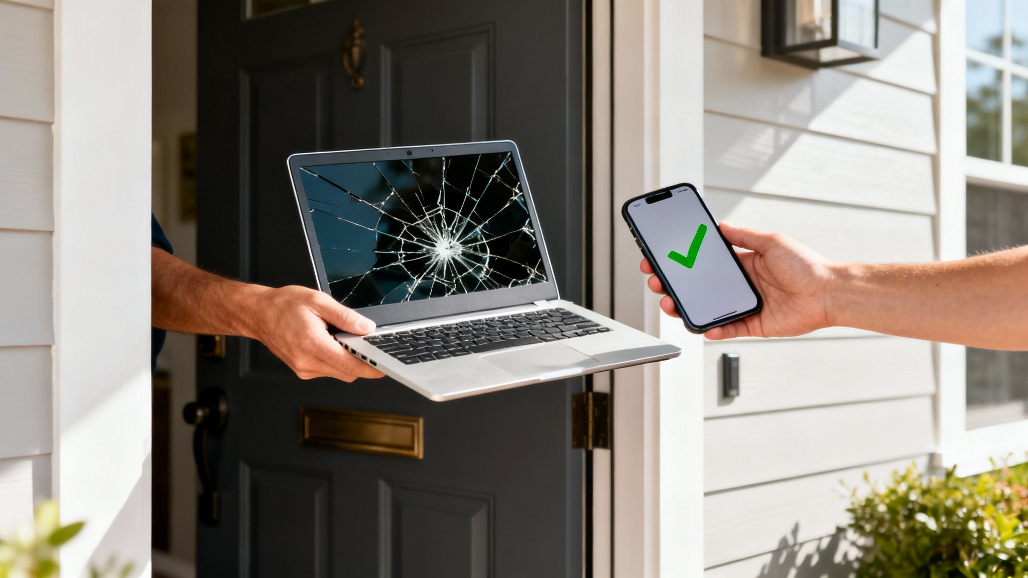 A person hands a laptop with a broken screen to another person holding a phone with a checkmark, at a doorstep.