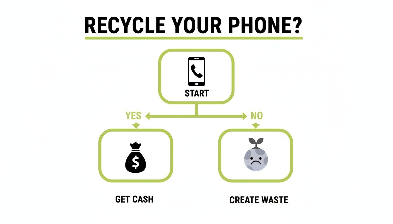 A flowchart asking 'Recycle Your Phone?', leading to 'Get Cash' if yes, or 'Create Waste' if no.