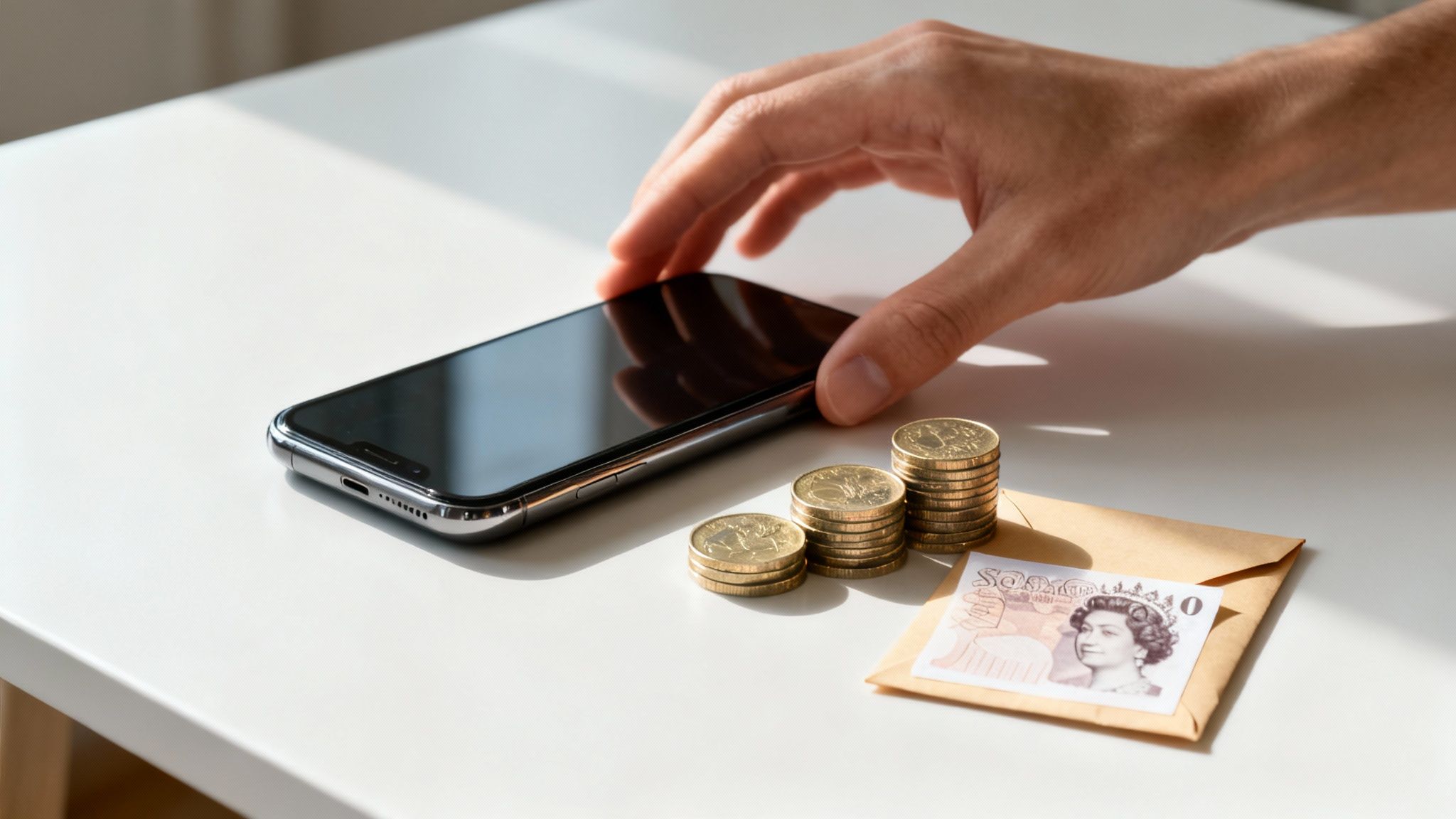 Hand reaching for a smartphone on a white table, next to stacks of gold coins and a British banknote.