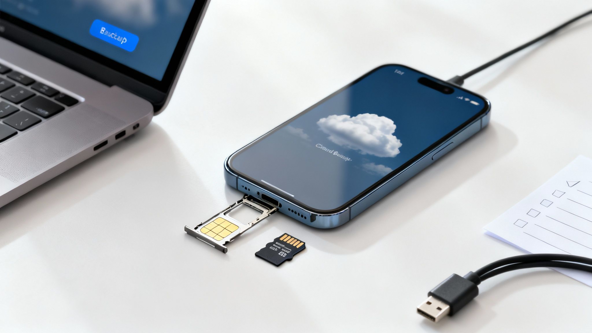 Smartphone with SIM card tray open, showing a SIM and microSD card, connected to a laptop for cloud storage backup.