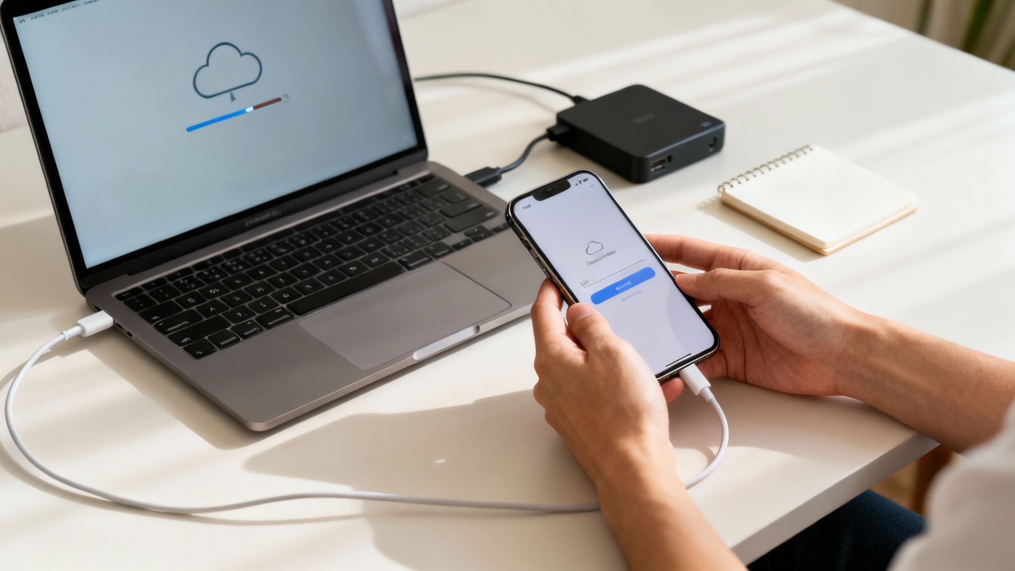 Close-up of hands holding a smartphone connected to a laptop, both showing cloud sync.