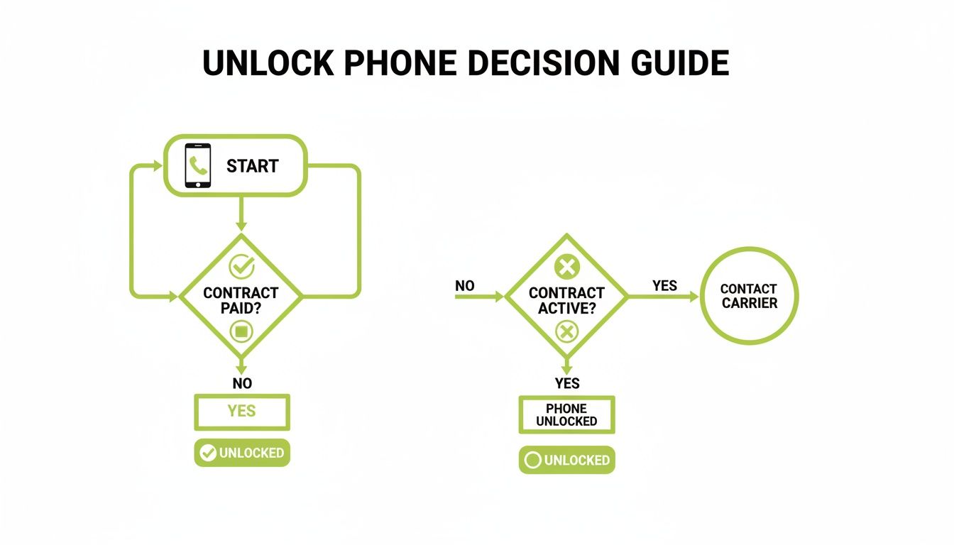 A flowchart decision guide showing steps to unlock a phone based on contract payment and active status.