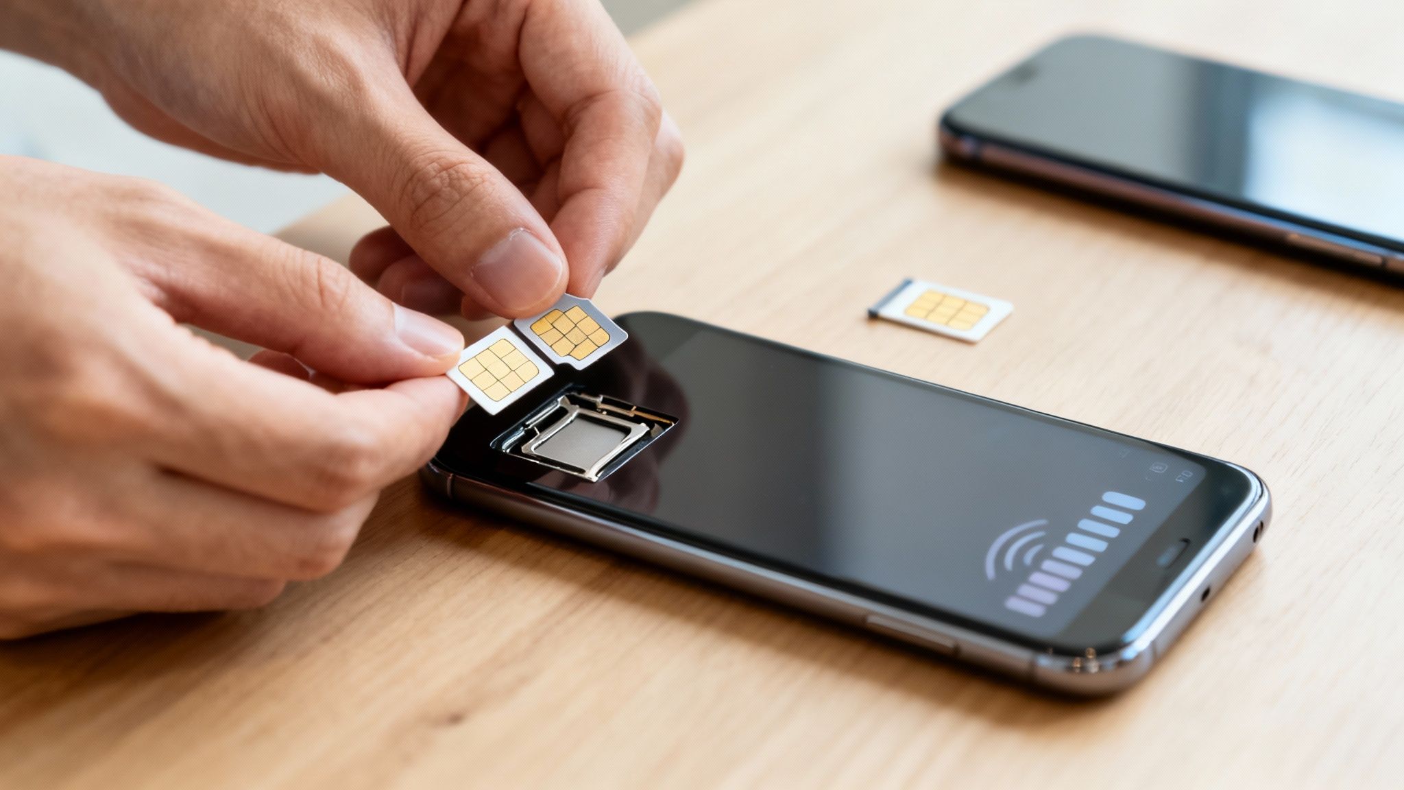 Close-up of hands inserting two SIM cards into a smartphone's dual SIM tray on a wooden table.