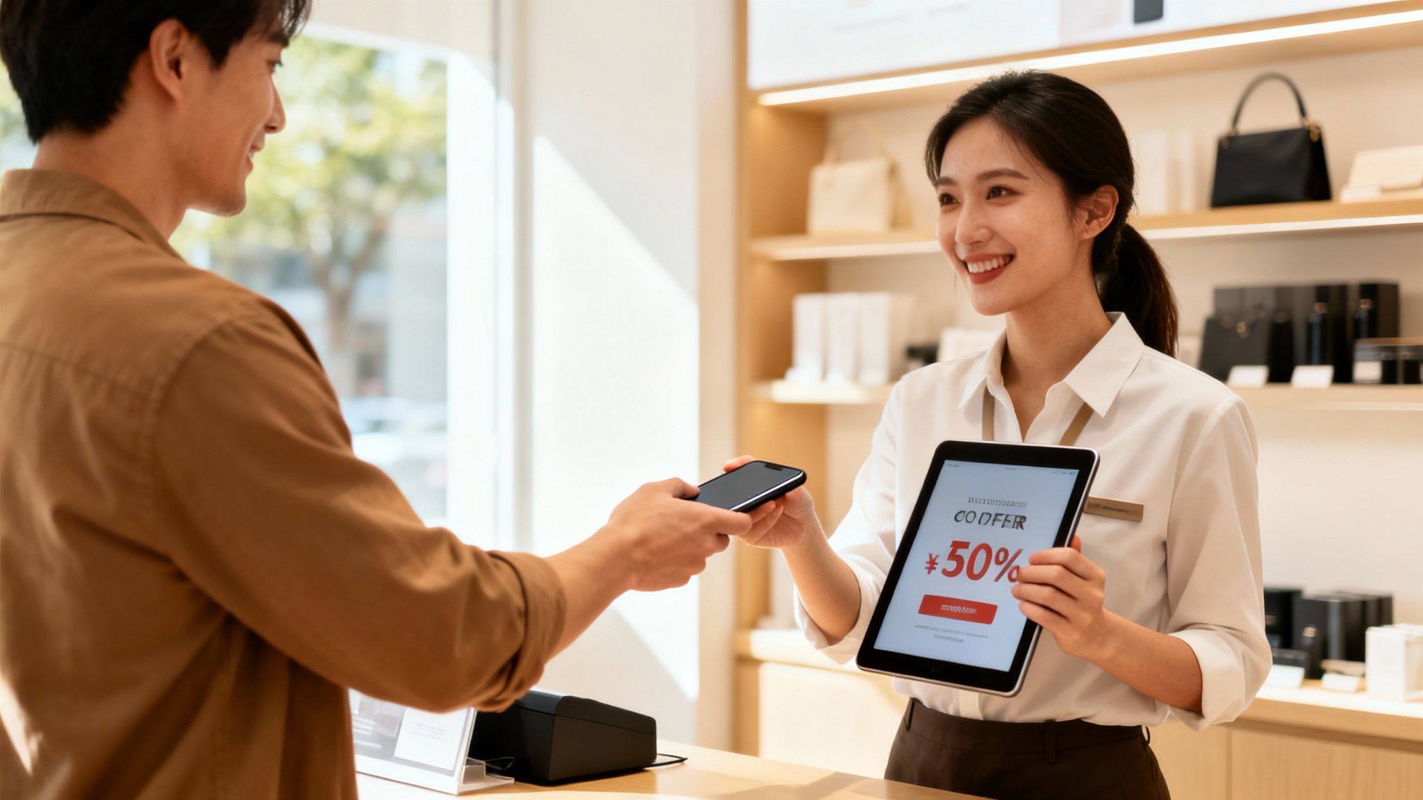 A customer pays with his smartphone to a smiling saleswoman holding a tablet with a discount offer.