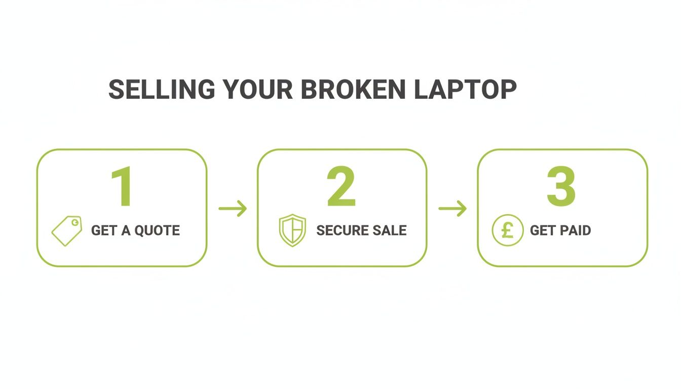 A diagram illustrating 3 steps to sell your broken laptop: get a quote, secure sale, and get paid.