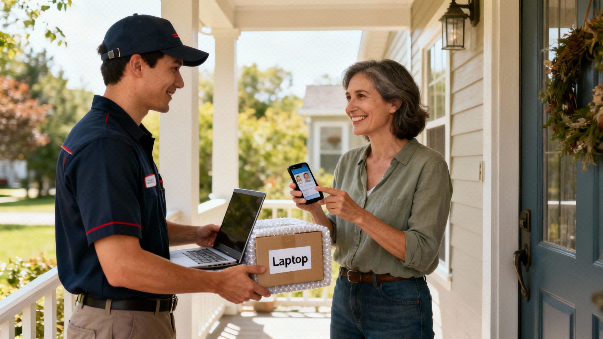 A delivery person hands a package labeled 'Laptop' to a smiling woman on her porch.