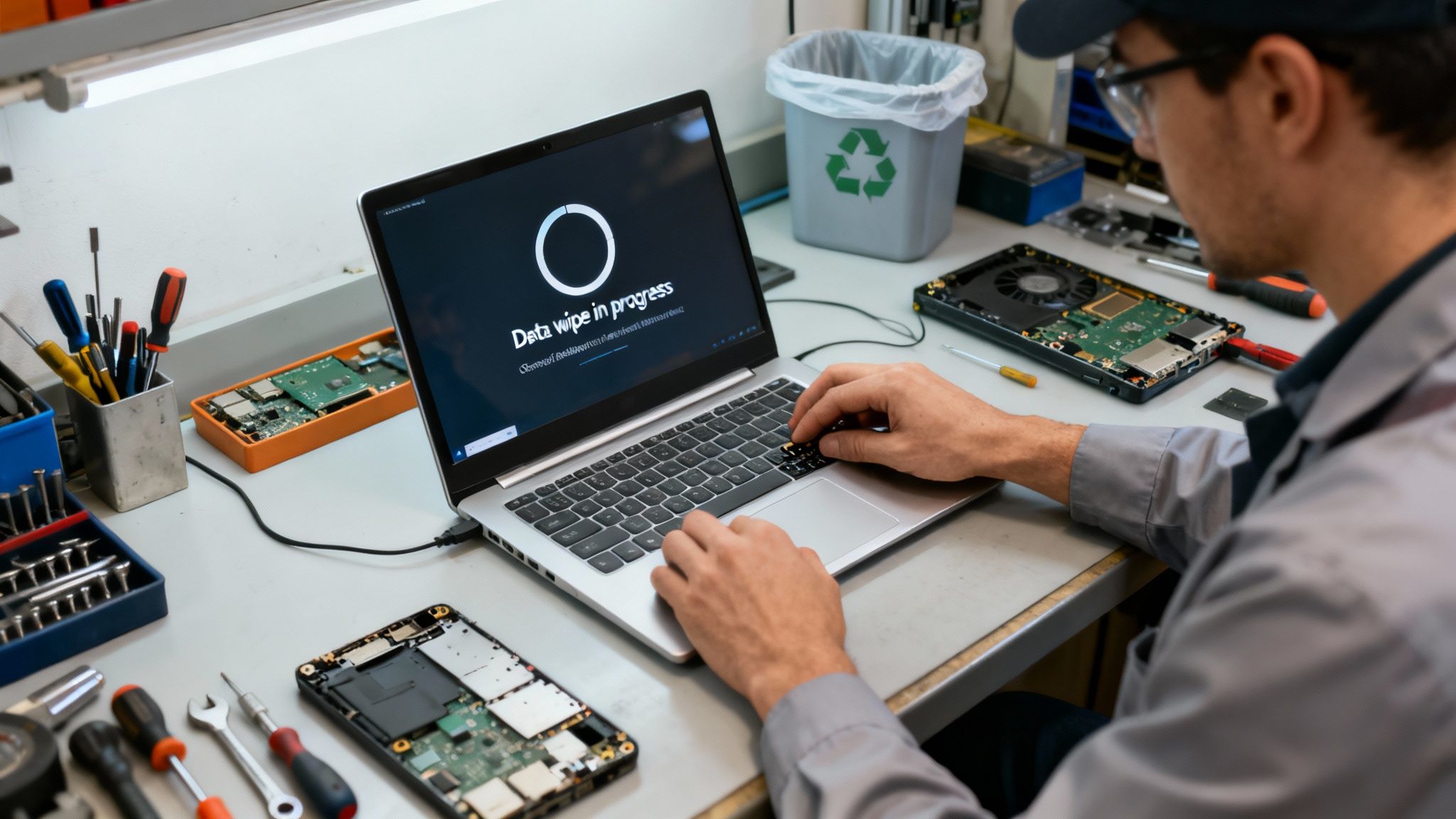 A technician performing a data wipe on a laptop, surrounded by repair tools and disassembled electronics.