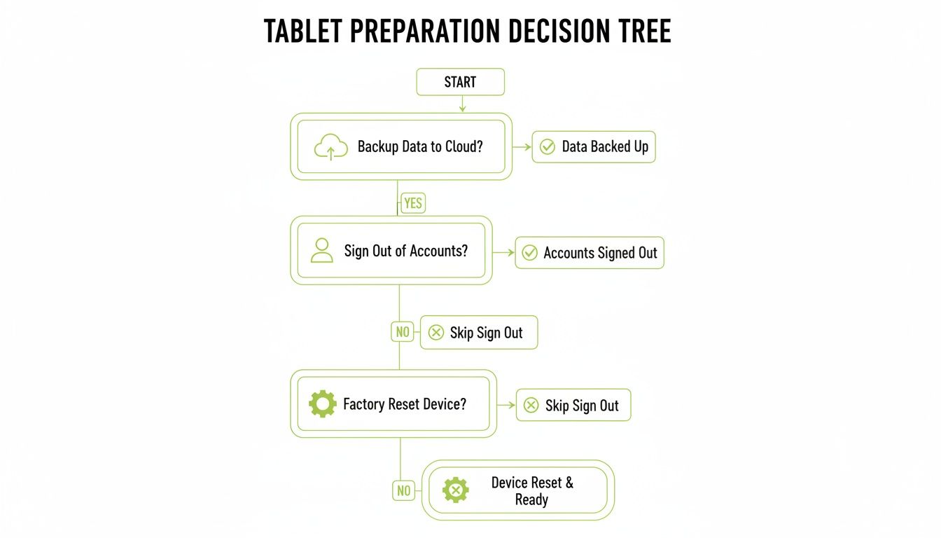 Decision tree flowchart outlining steps for tablet preparation, including data backup, account sign out, and factory reset.
