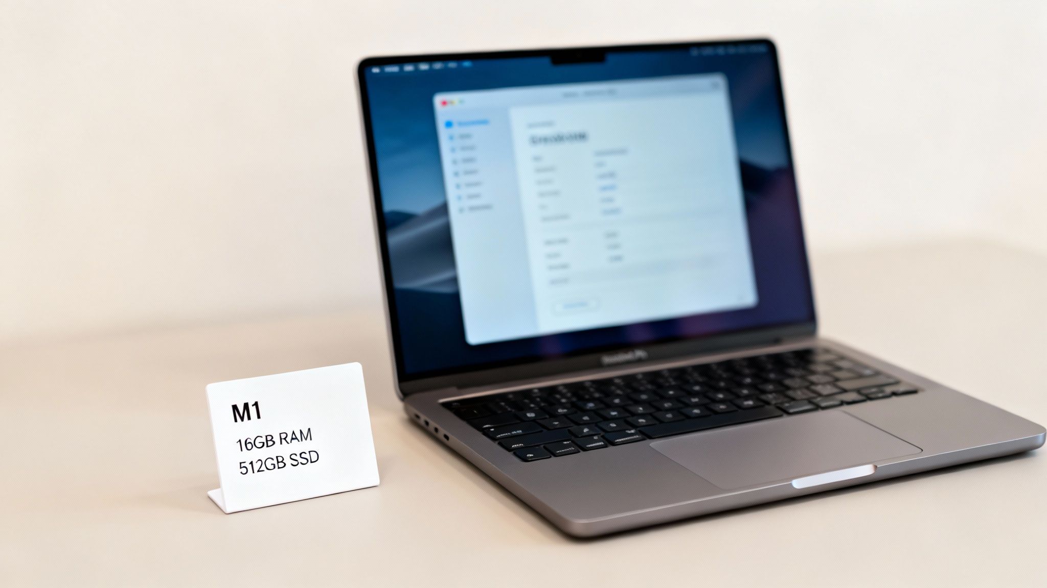 A silver MacBook Pro laptop on a white desk, with a sign showing M1, 16GB RAM, 512GB SSD.