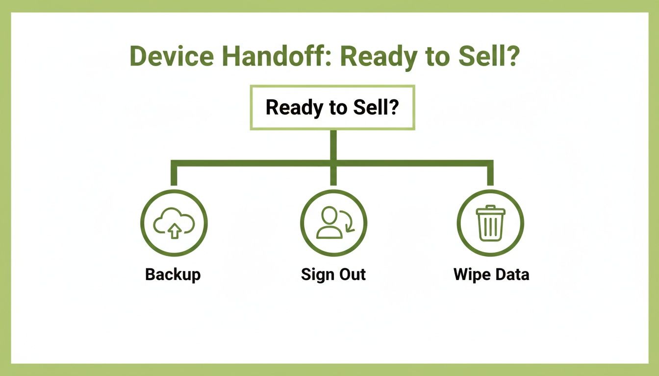 A flowchart showing steps to prepare a device for sale: backup data, sign out, and wipe data.