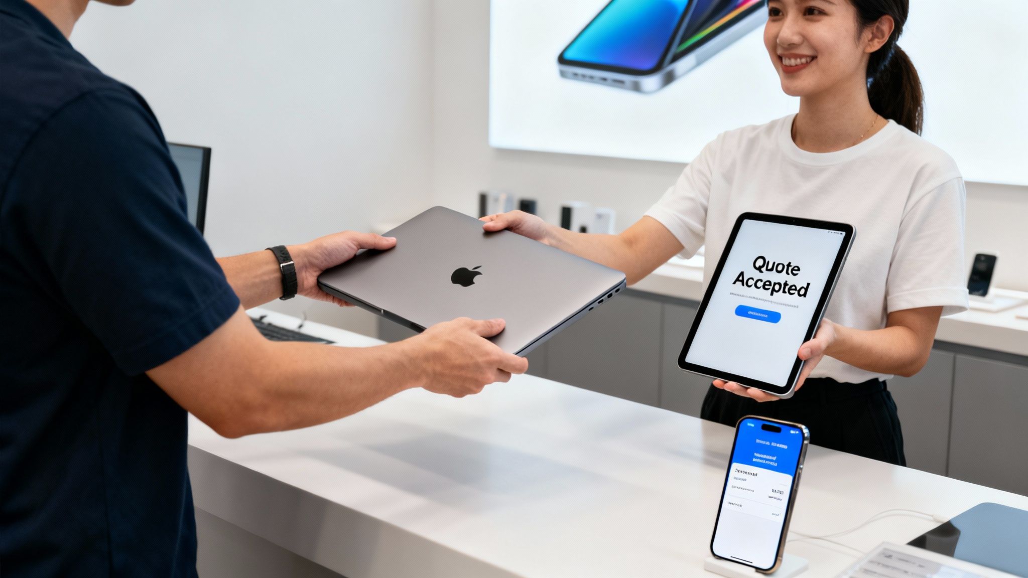 An employee and customer during a MacBook Pro trade-in, with an accepted quote on a tablet.