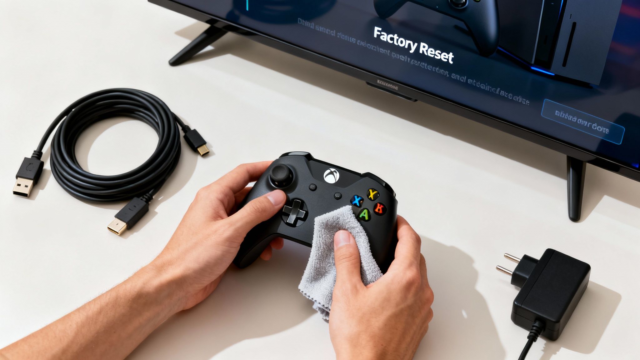 A person cleaning a black Xbox controller with a gray cloth, next to cables and a TV showing "Factory Reset."