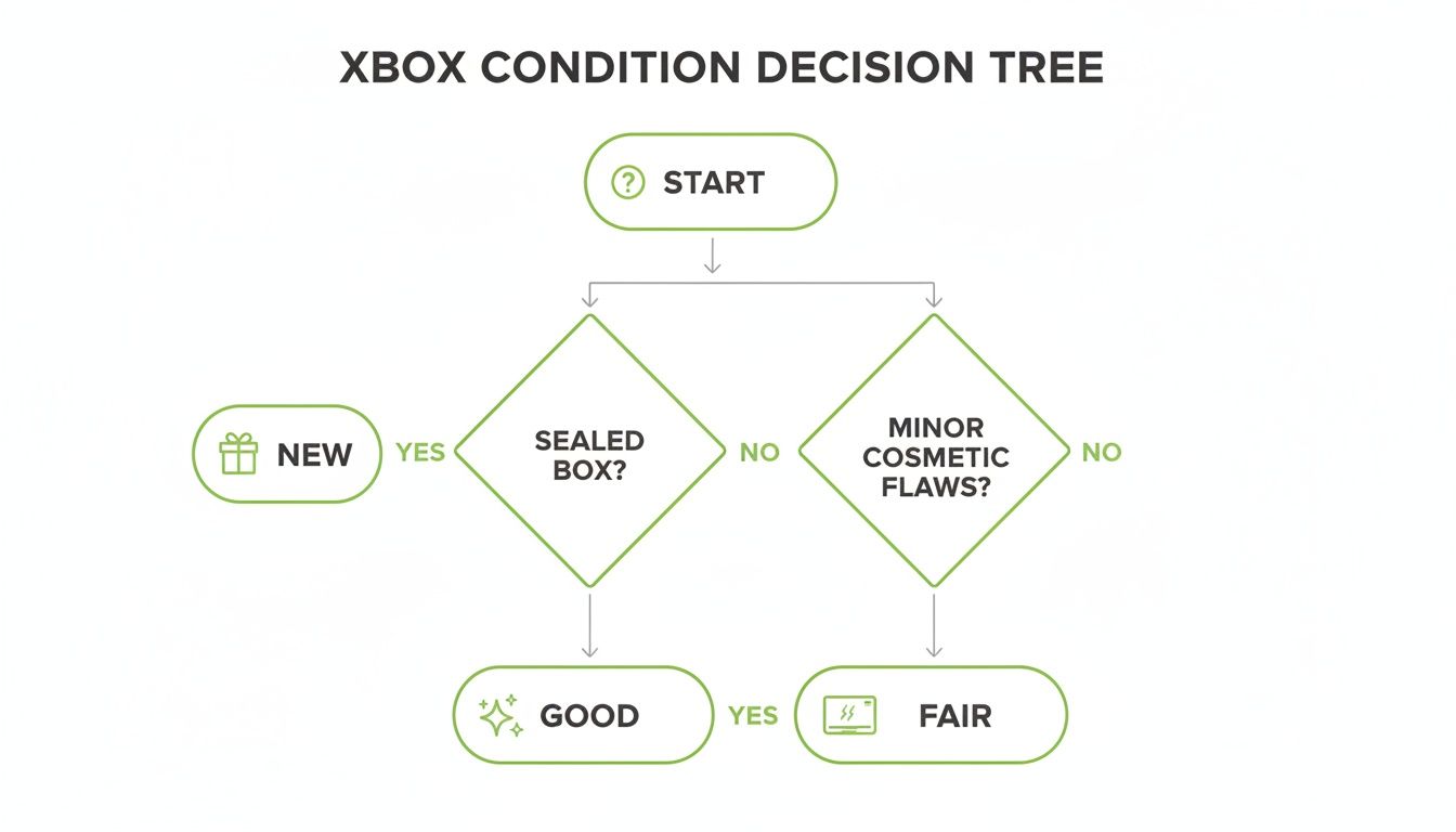 Flowchart illustrating the decision process for classifying Xbox console conditions: New, Good, Fair.