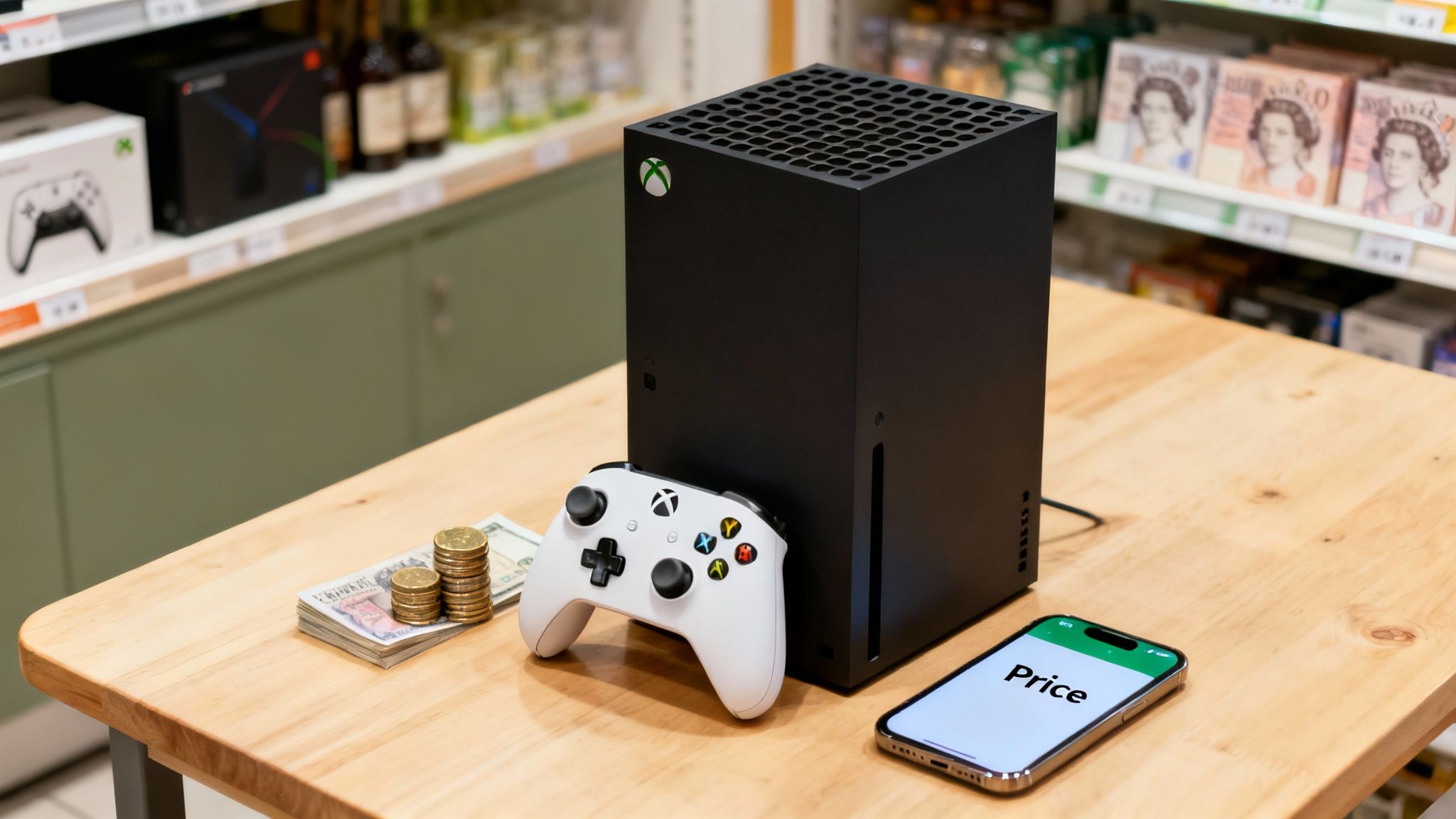 Xbox Series X console with controller, money, and a smartphone displaying 'Price' on a wooden table.