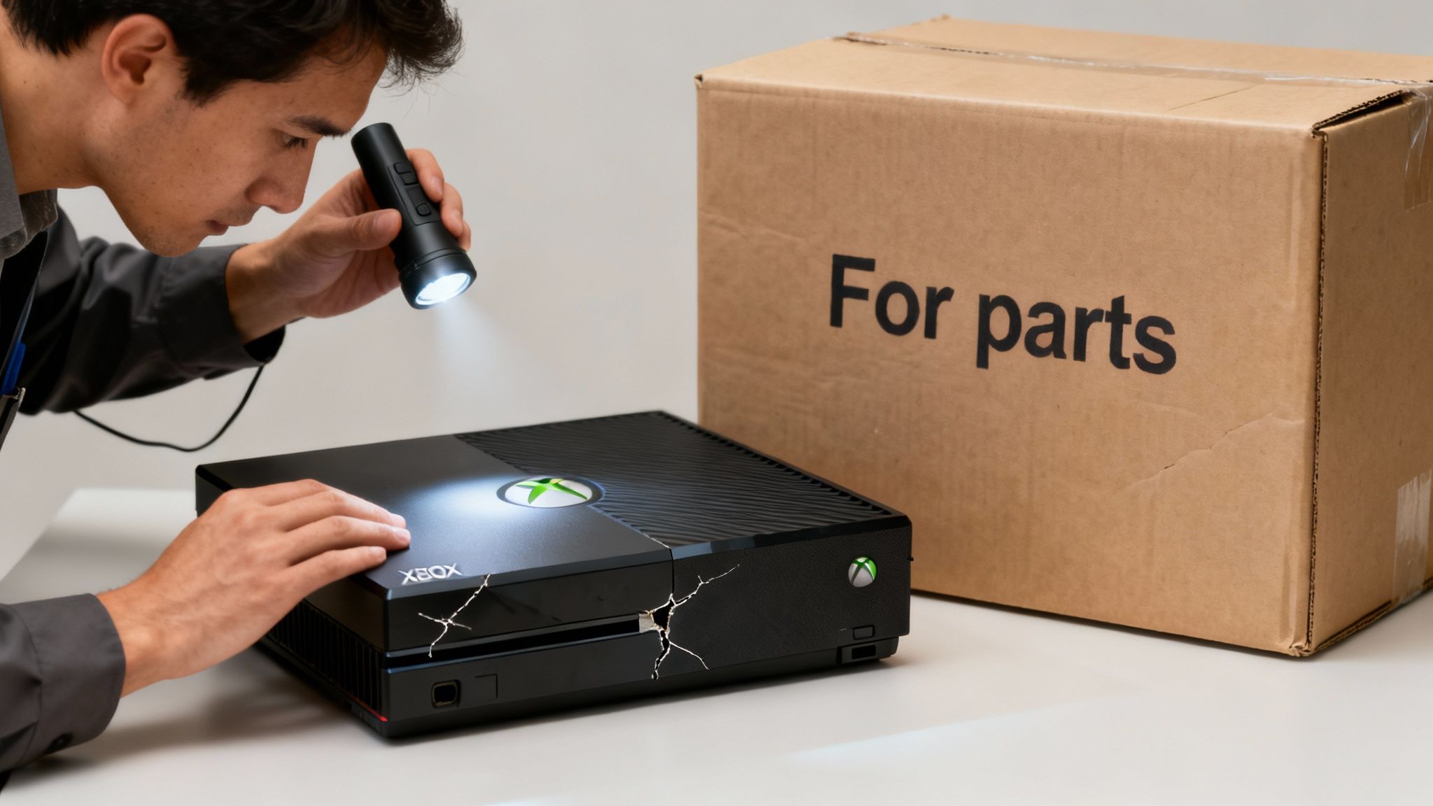 A person inspects a broken Xbox console with a flashlight, next to a box labeled "For parts".