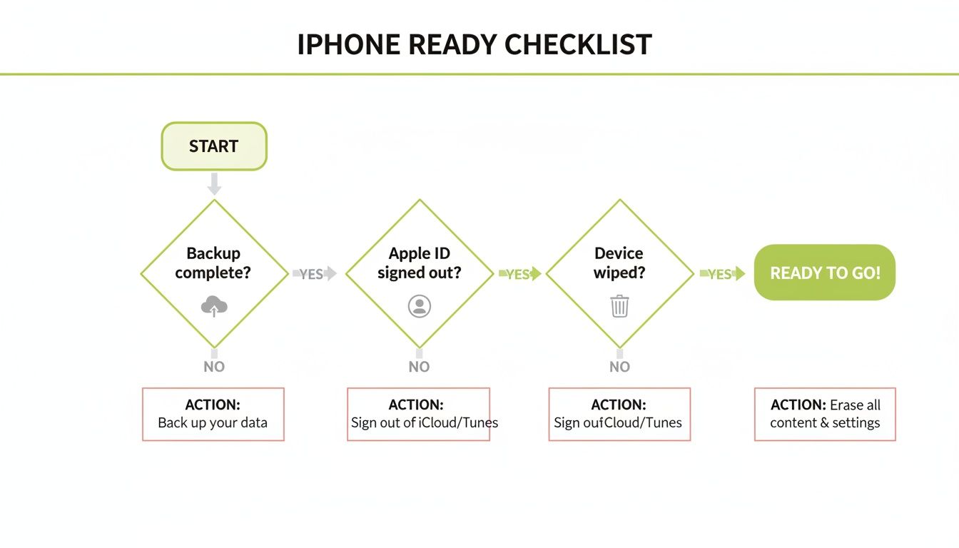 Flowchart titled 'iPhone Ready Checklist' detailing steps for device preparation, including backup, Apple ID sign out, and data wipe.
