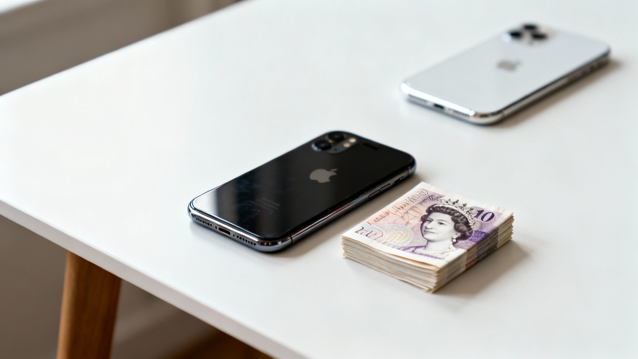 Black iPhone and a stack of British ten-pound notes on a white table, with a silver iPhone in the background.