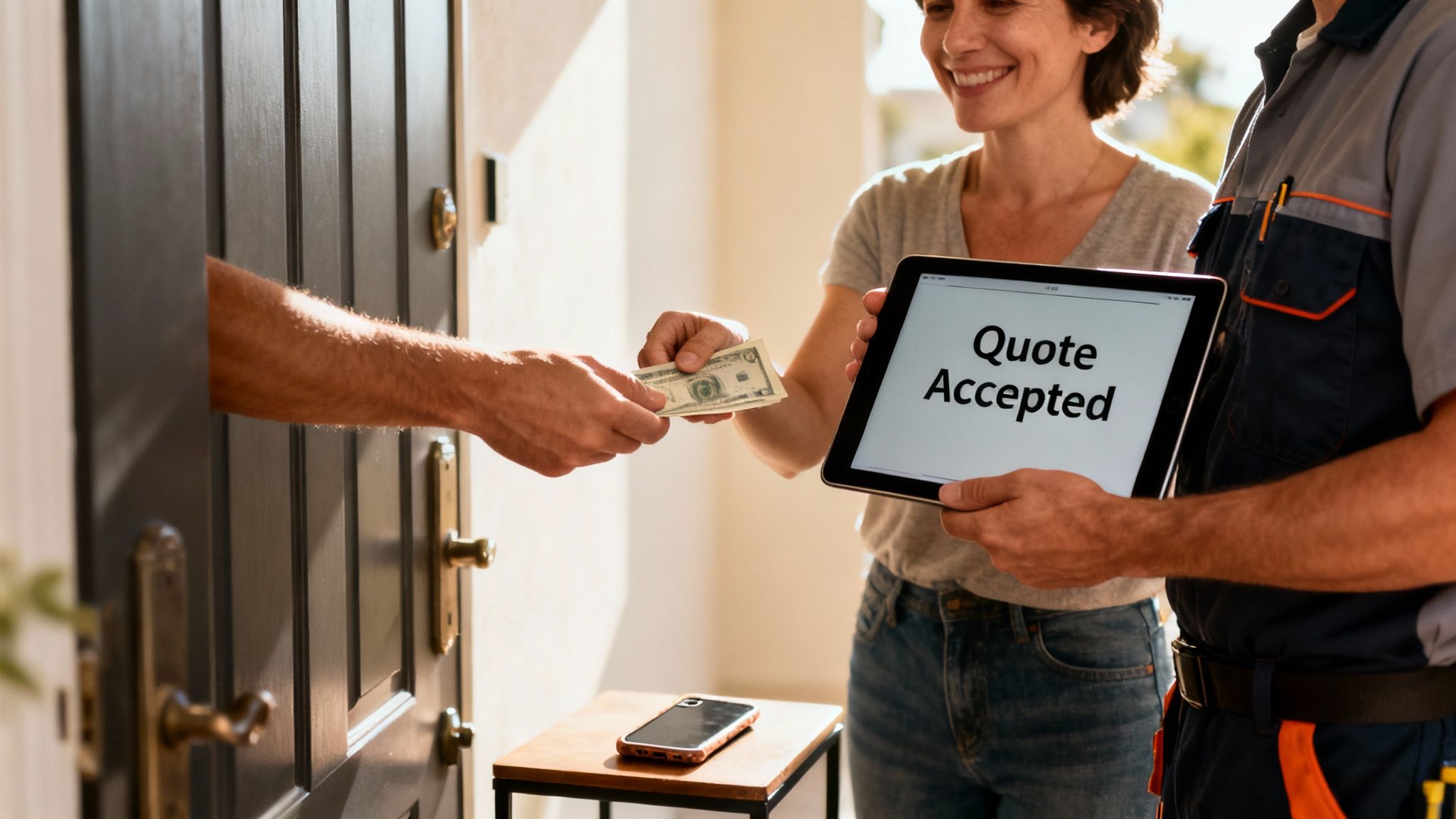 Customer pays cash to a service worker, accepting a quote on a digital tablet.