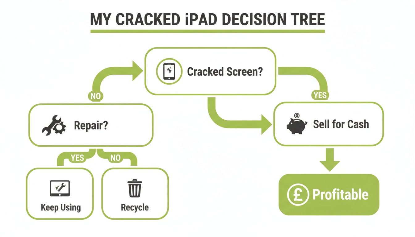 A decision tree flow chart illustrating options for a cracked iPad, including repair, selling for cash, keeping, or recycling.