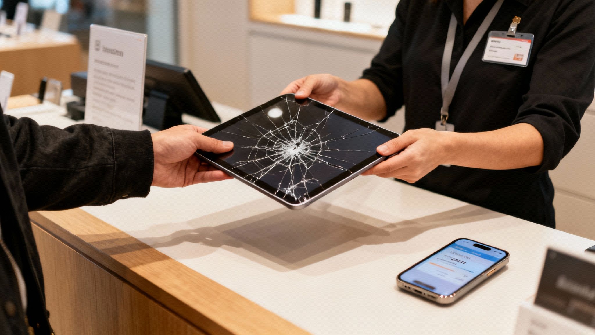 A customer hands a severely cracked iPad to an electronics store employee for repair.