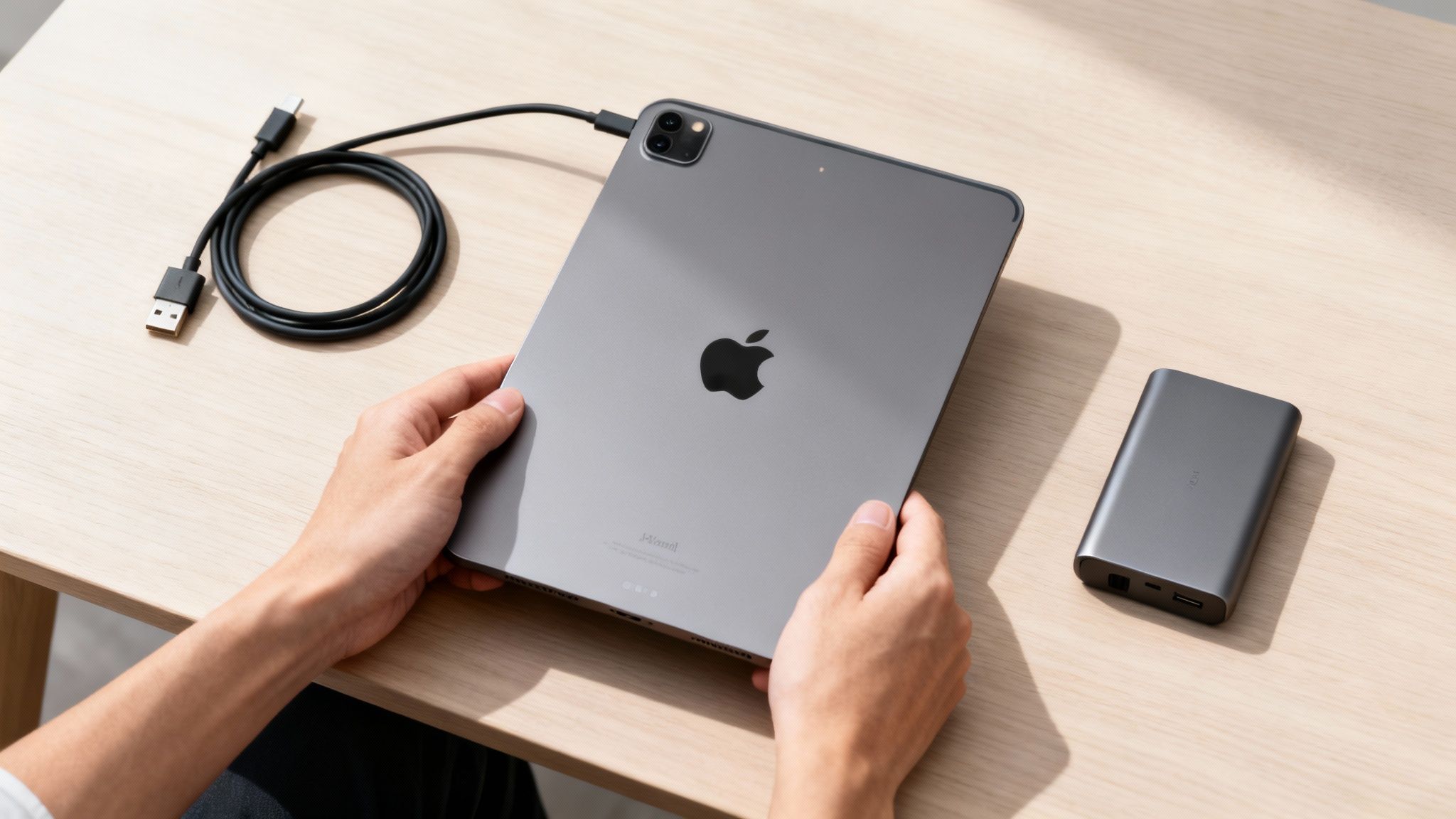 Hands holding a gray iPad Pro connected to a USB cable, with a gray portable power bank on a wooden desk.